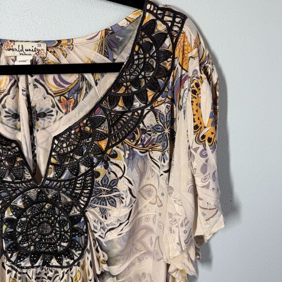 Y2K World Unity Women Embroidered Beaded Blouse 3X Boho Hippie Fairy Whimsy Goth - Picture 3 of 12